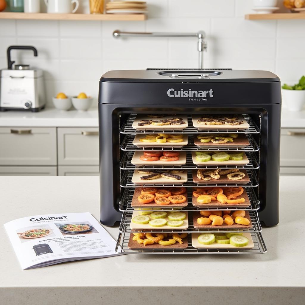 Cuisinart food dehydrator with manual on a kitchen counter