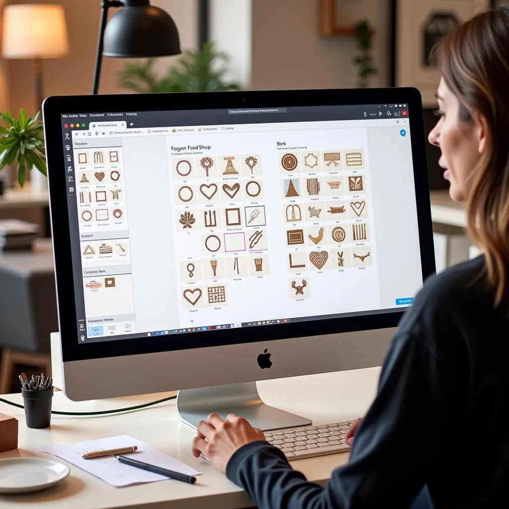 A graphic designer working on a custom foil food shop stamp design on their computer