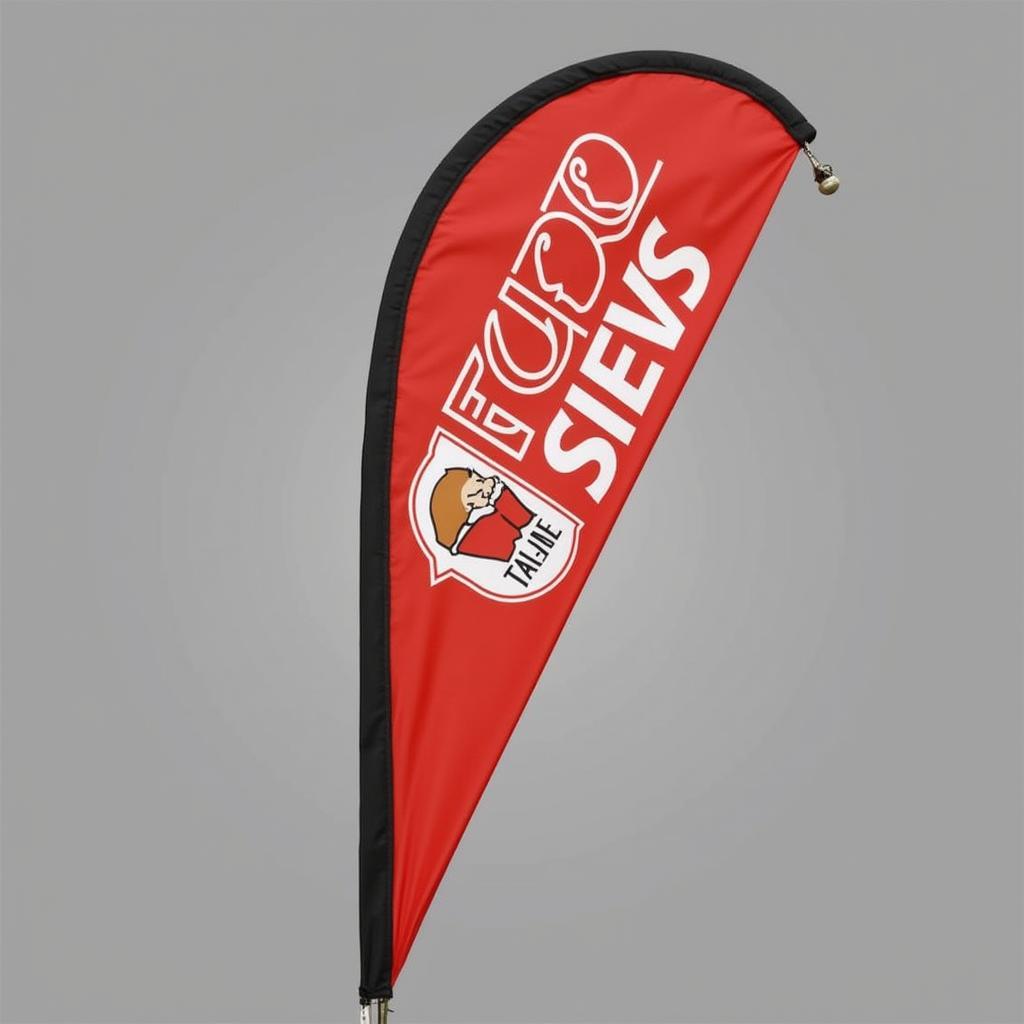 A close-up of a custom-designed food feather flag showcasing a vibrant logo and tagline.