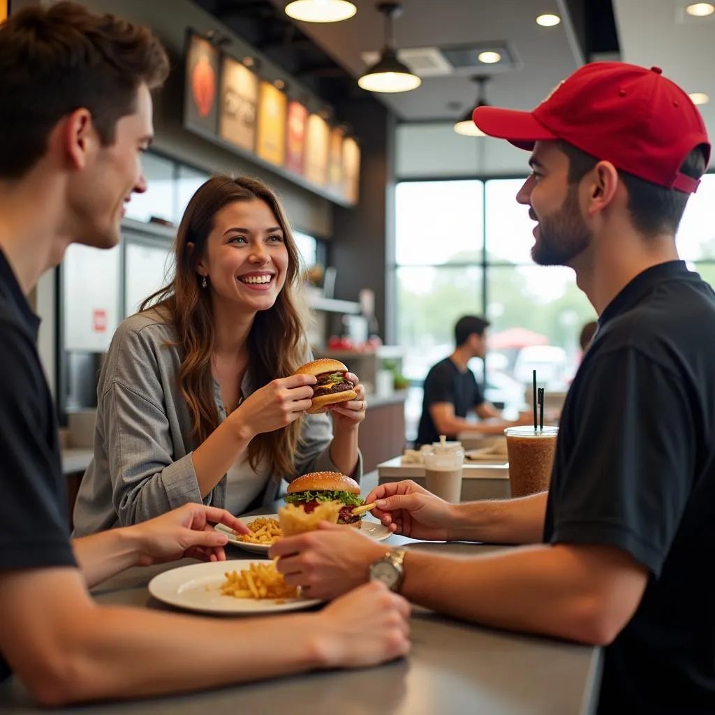 Happy customer enjoying a meal in a fast food restaurant