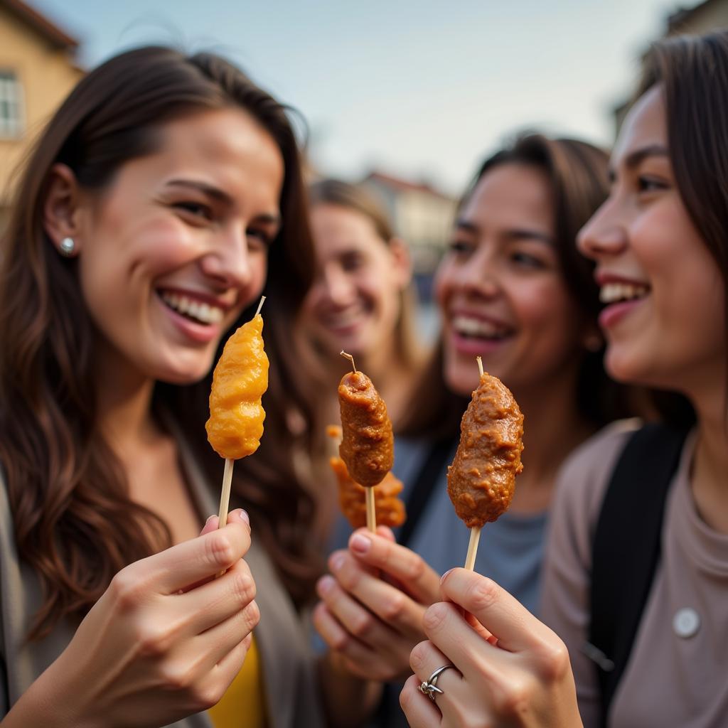  Customers at a food truck festival enjoying a variety of street food with brown mustard on a stick. 