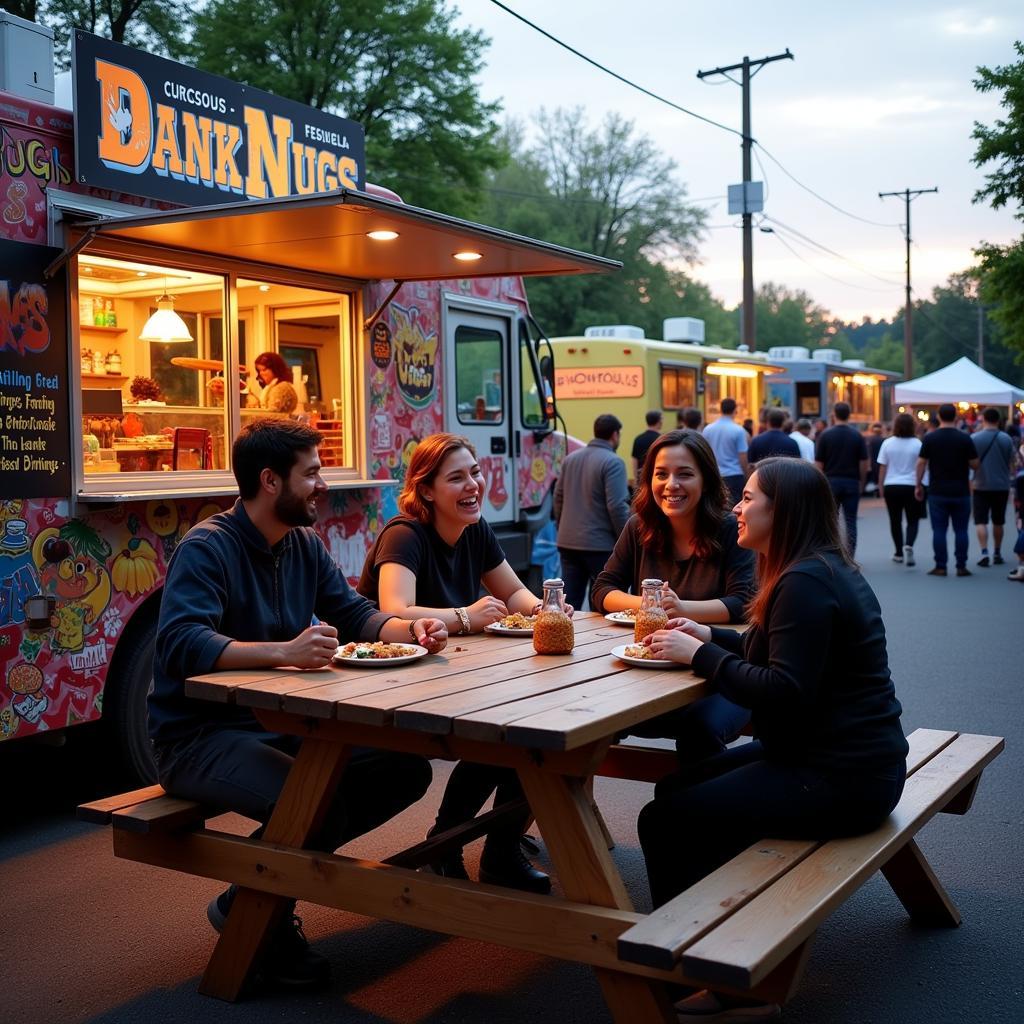 Customers enjoying Dank Nugs food at a picnic table outside