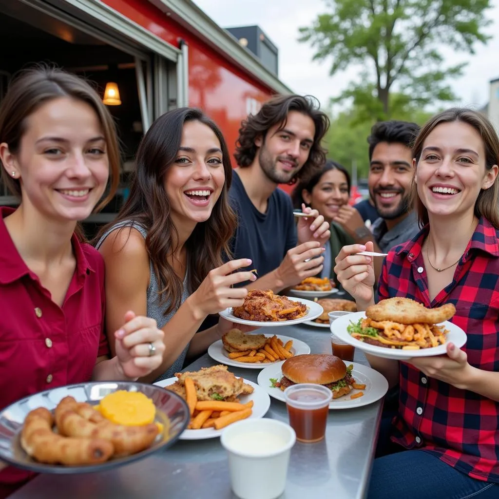 A group of people enjoying their meals from Big Lou's food truck