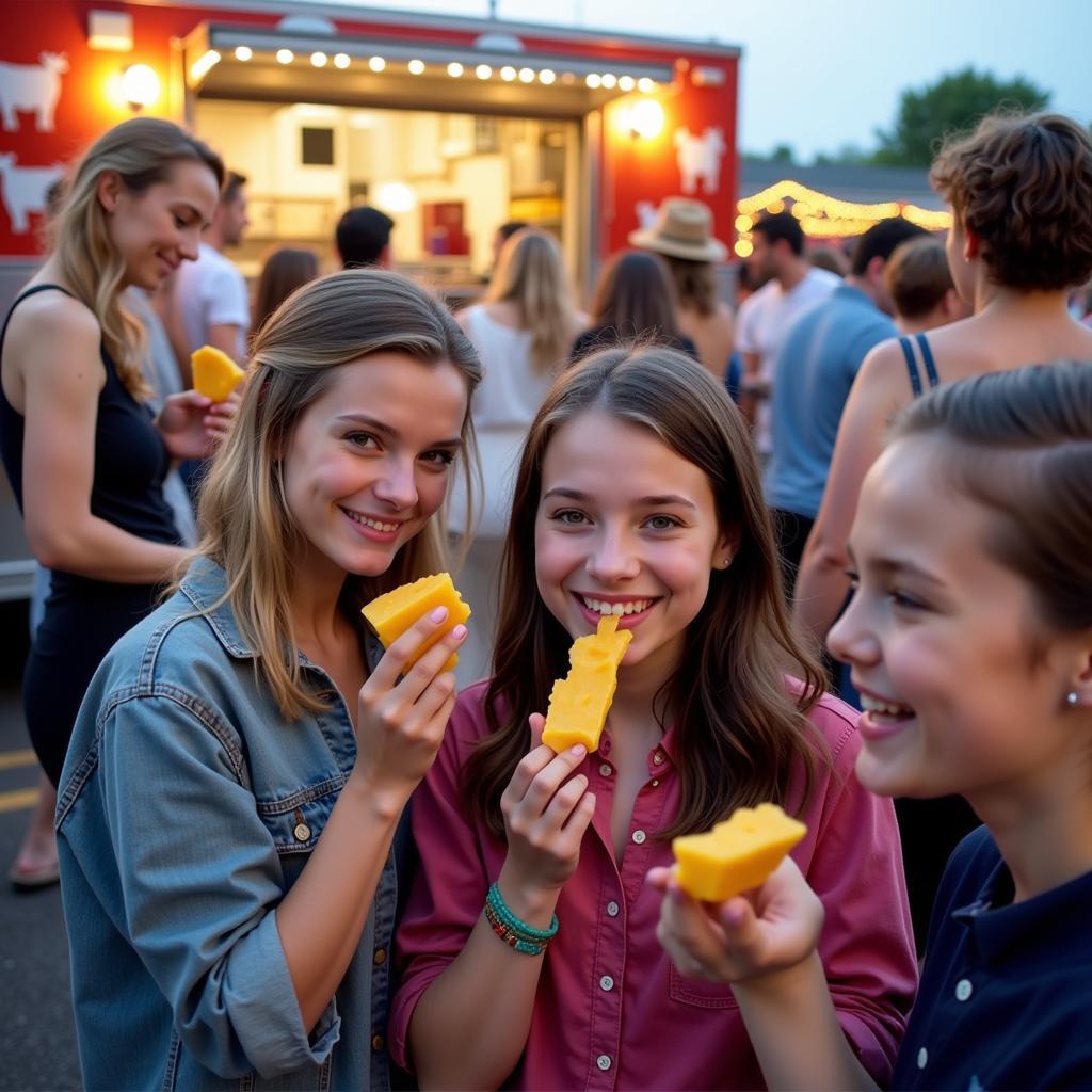 A group of friends laughing and enjoying their cheese curd dishes from the Squeaky Cow food truck