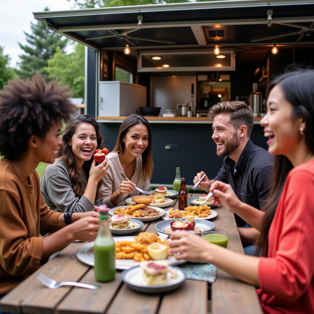 Group of friends laughing and enjoying a meal from a black food trailer