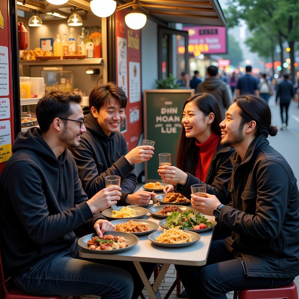 Customers enjoying food from a Nguyen street food truck