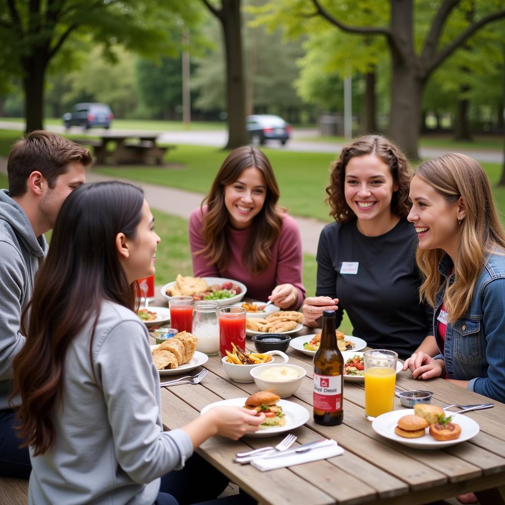 People enjoying various meals from the food truck at a picnic table.