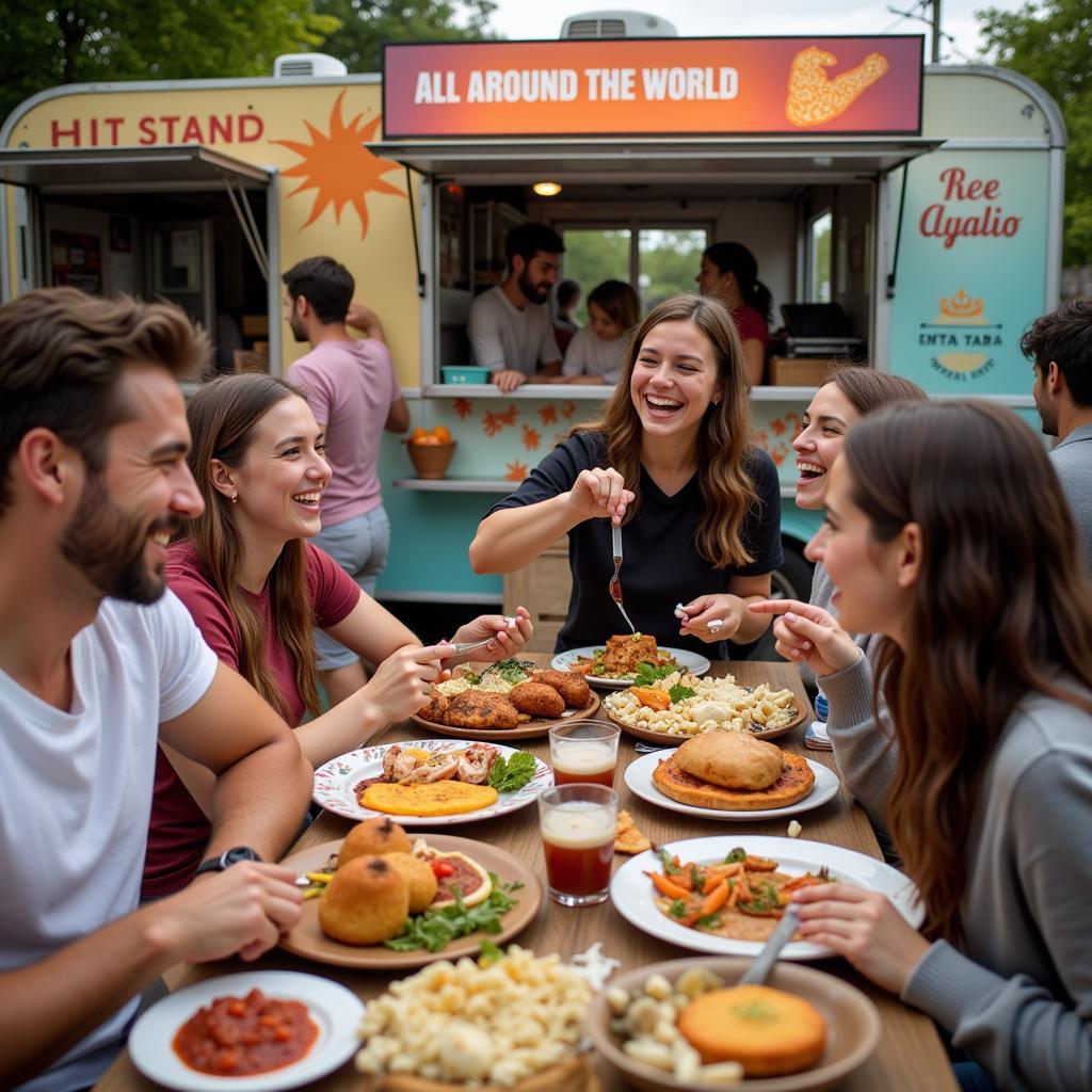 People enjoying a meal from an international food truck.