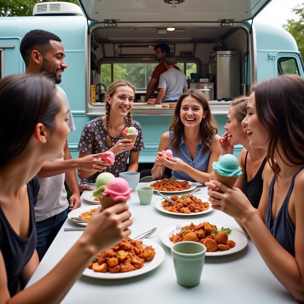 Happy customers enjoying their food and drinks from the truck.