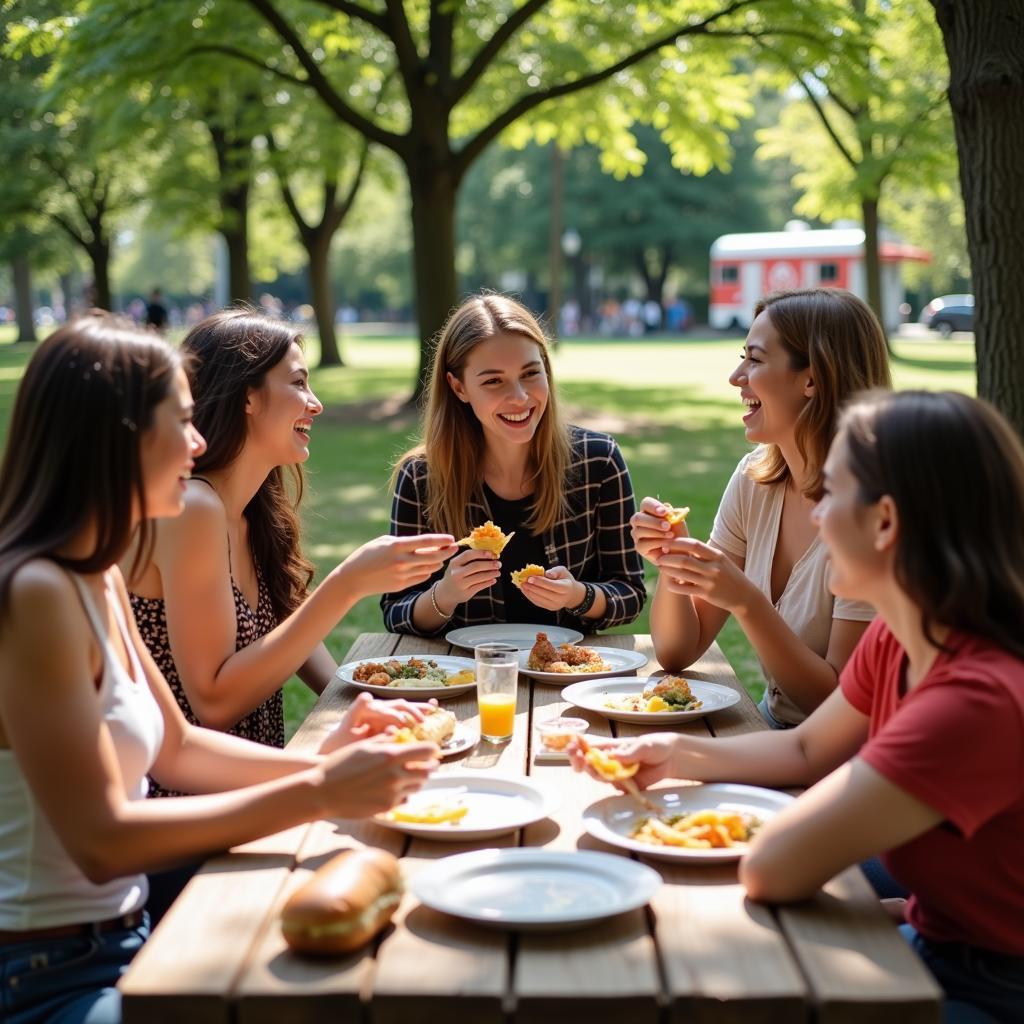 A group of friends enjoying their meals from the Henhouse food truck at a park