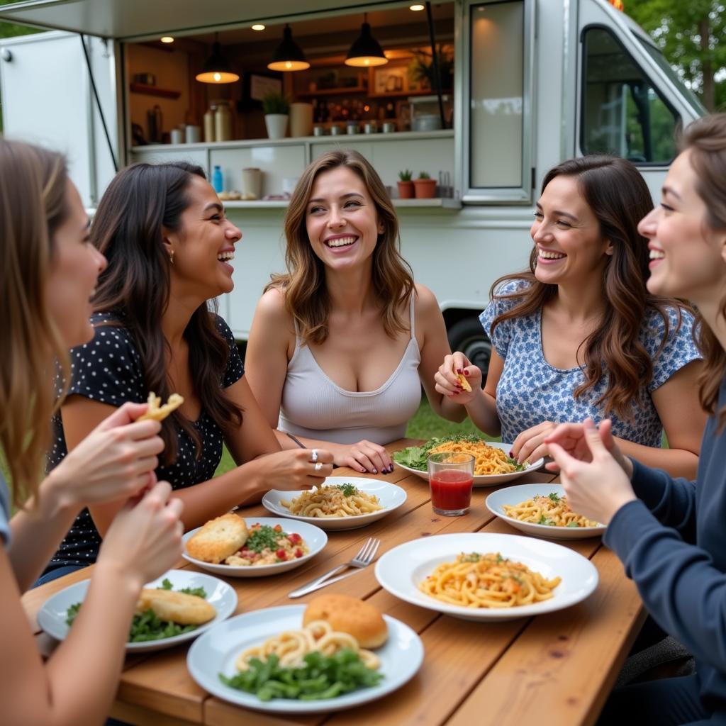 Customers Enjoying Their Pasta Meals by a Food Truck