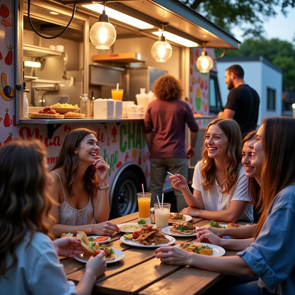 Group of Friends Enjoying Food Truck Meal Together