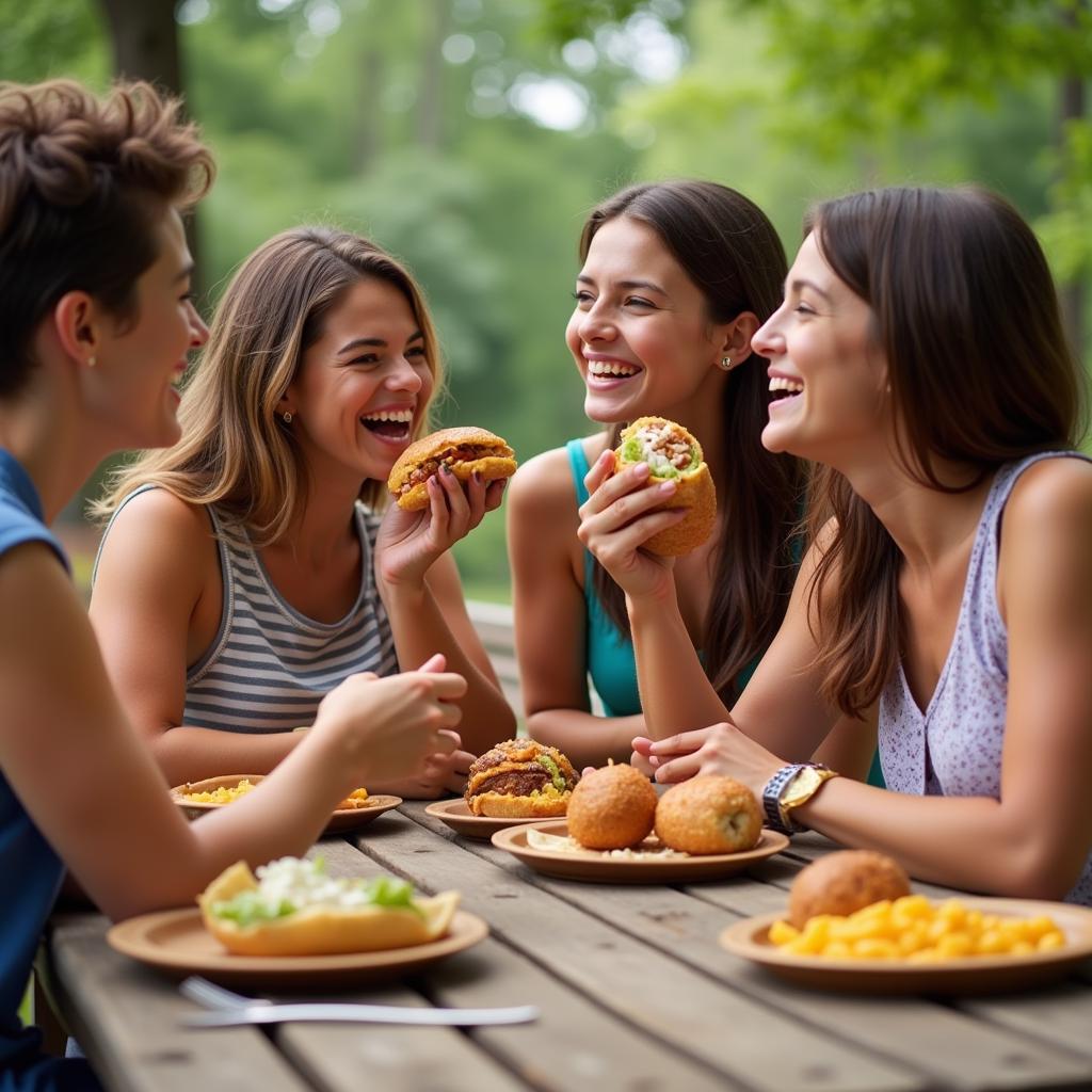 A group of friends enjoying their Taco Bombs from the food truck