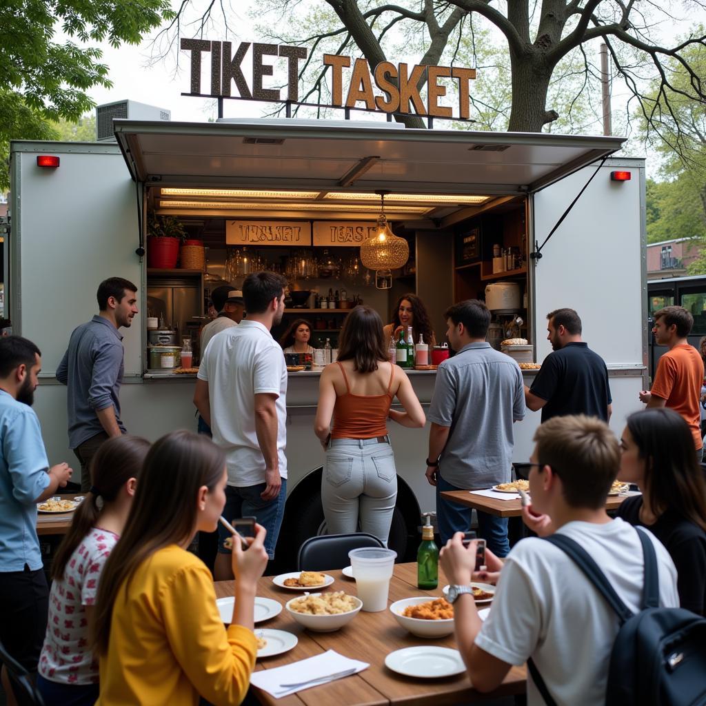 Happy customers enjoying food from the Tisket Tasket Food Truck