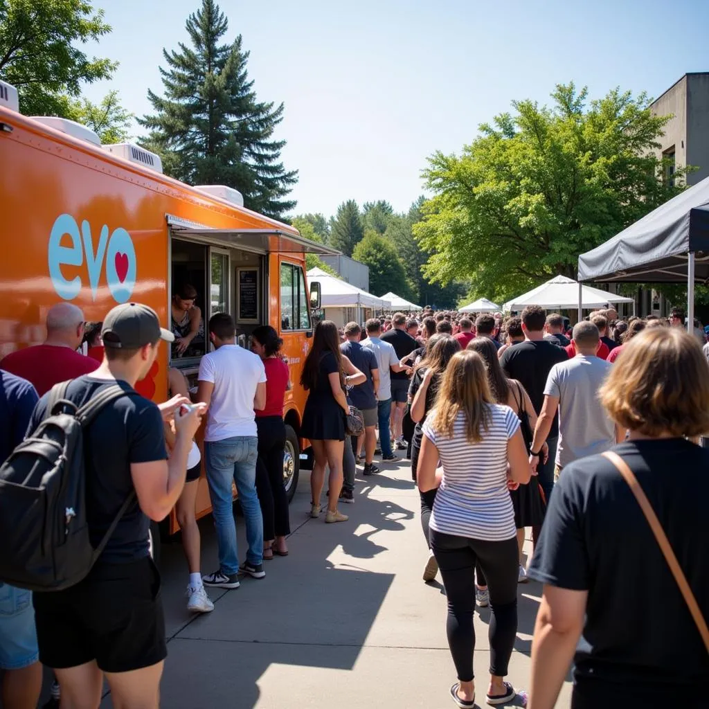 Long queue of customers placing their orders at an evo food truck