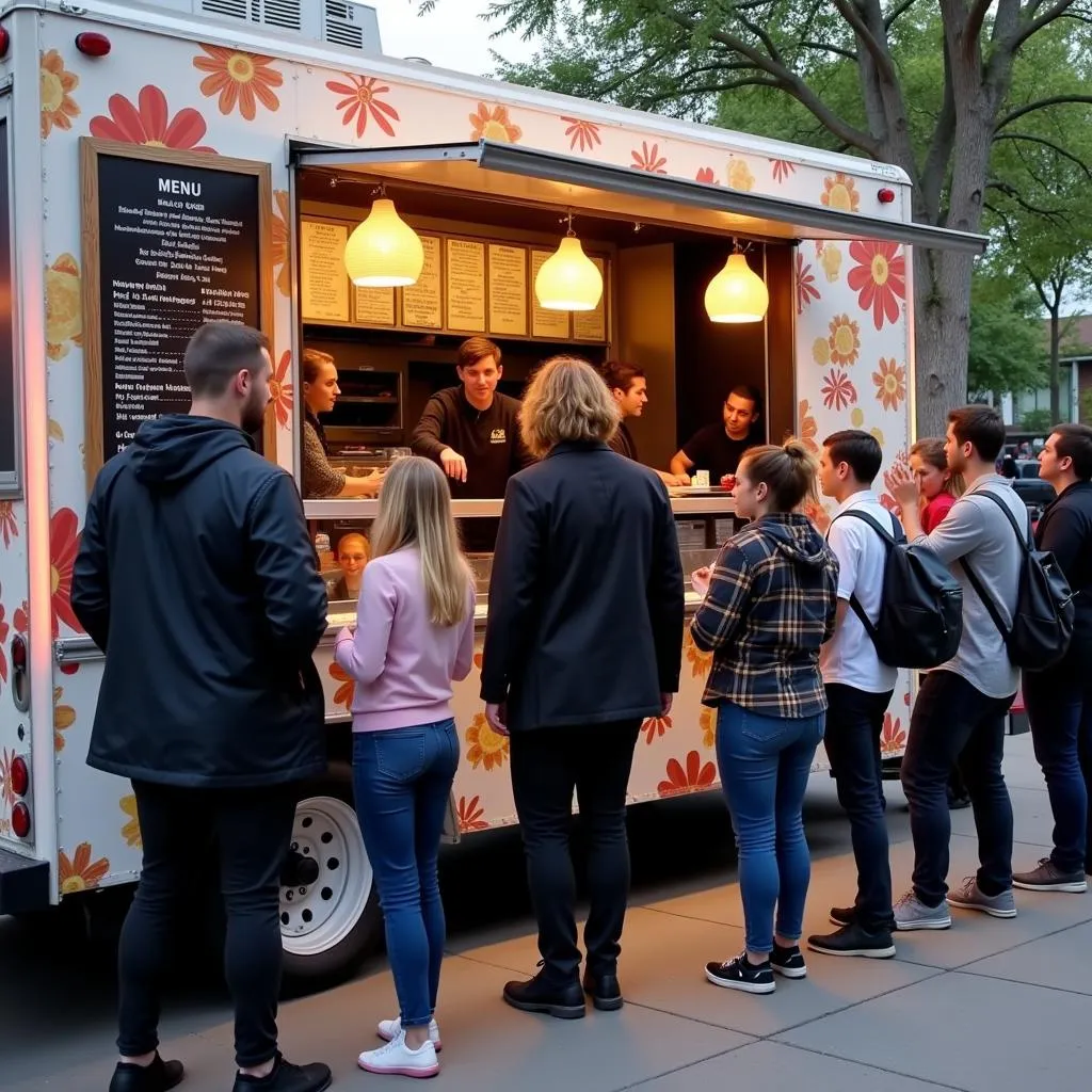 Customers lining up to order at bowls and rolls food truck