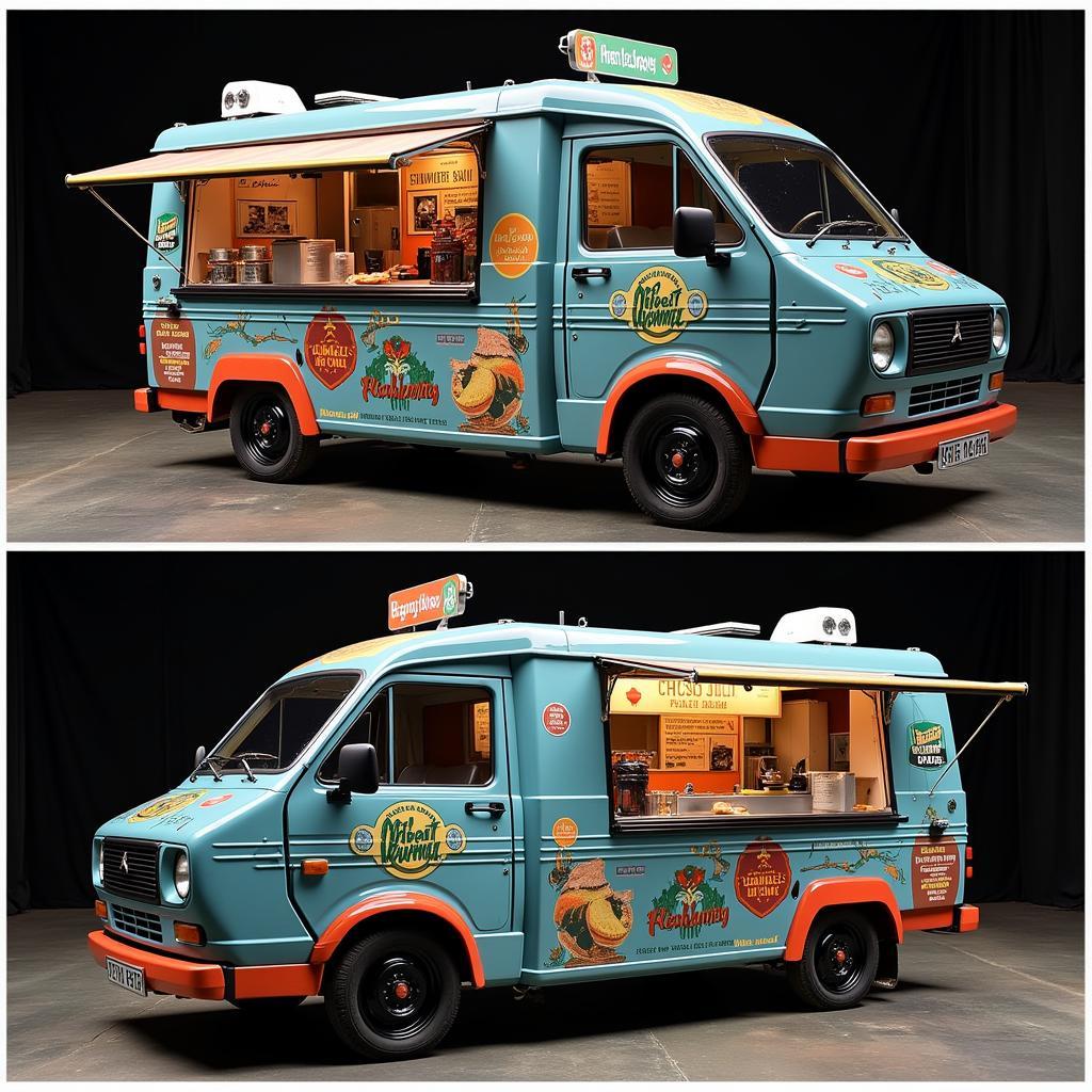 A customized Piaggio Ape food truck showcasing unique branding and design elements