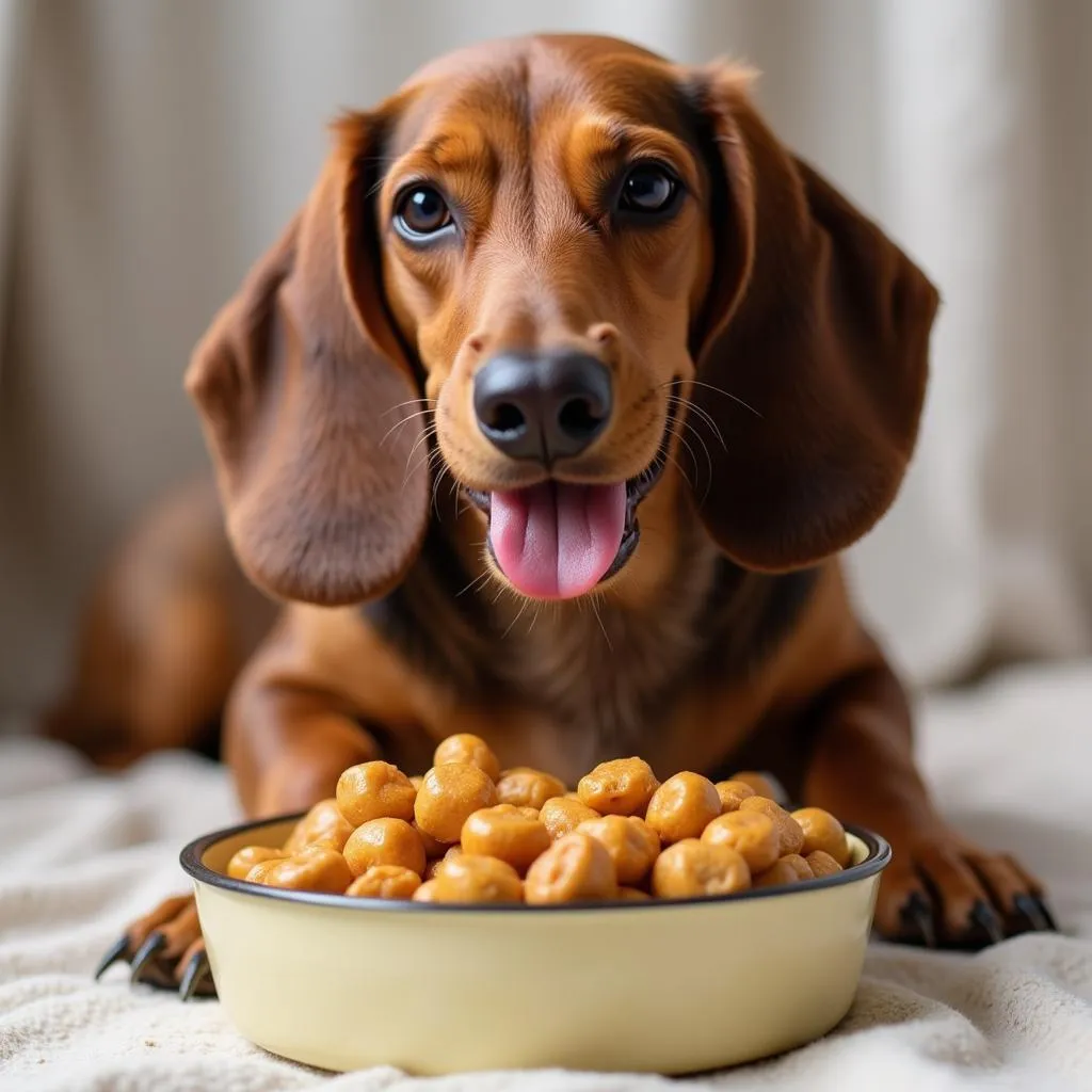 Dachshund enjoying a bowl of wet food