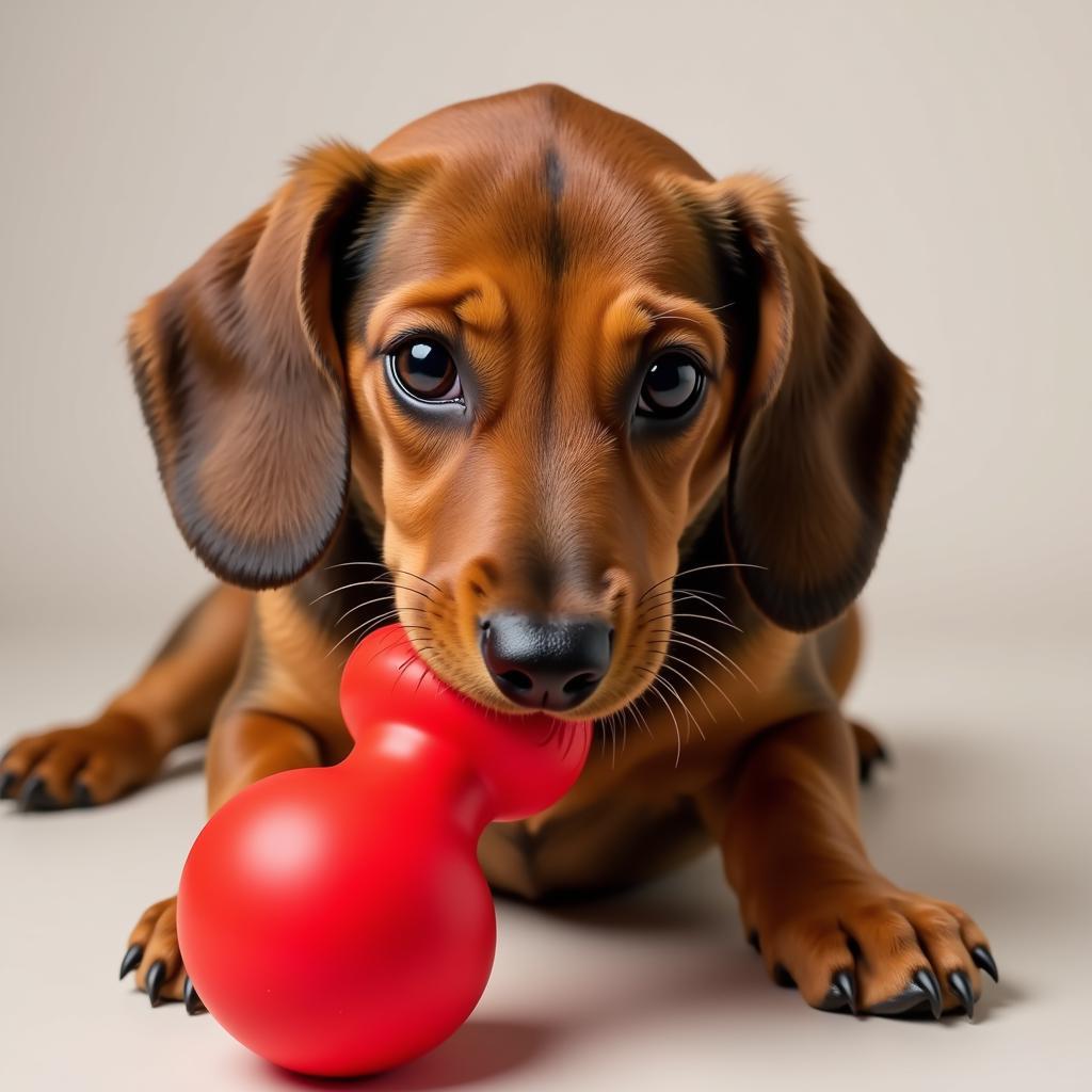 Dachshund puppy chewing on toy