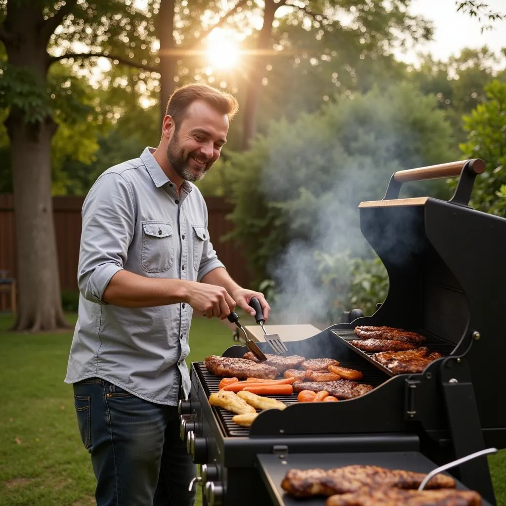 Dad grilling with BBQ tools on Father's Day