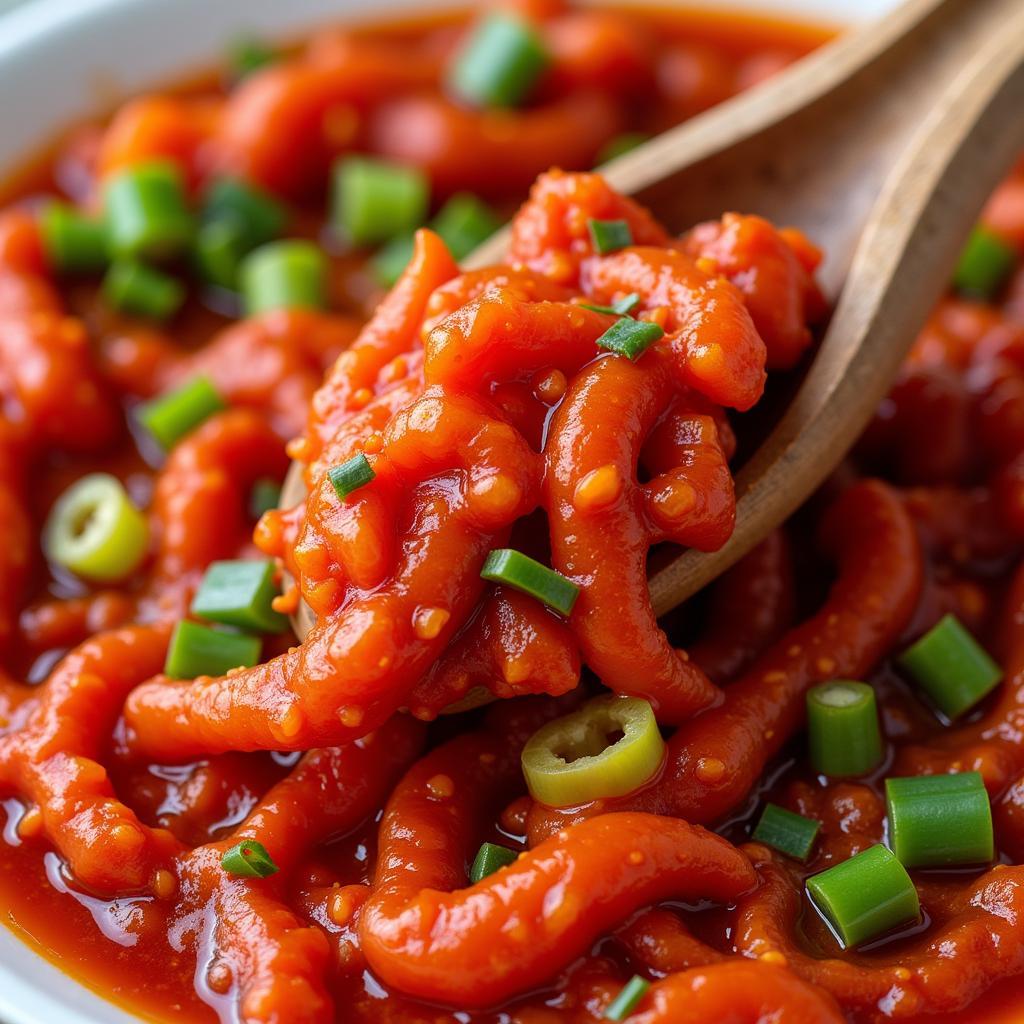 Close-up shot of a spoonful of Dae Yang Co Foods gochujang being stirred into a steaming pot of Korean stew