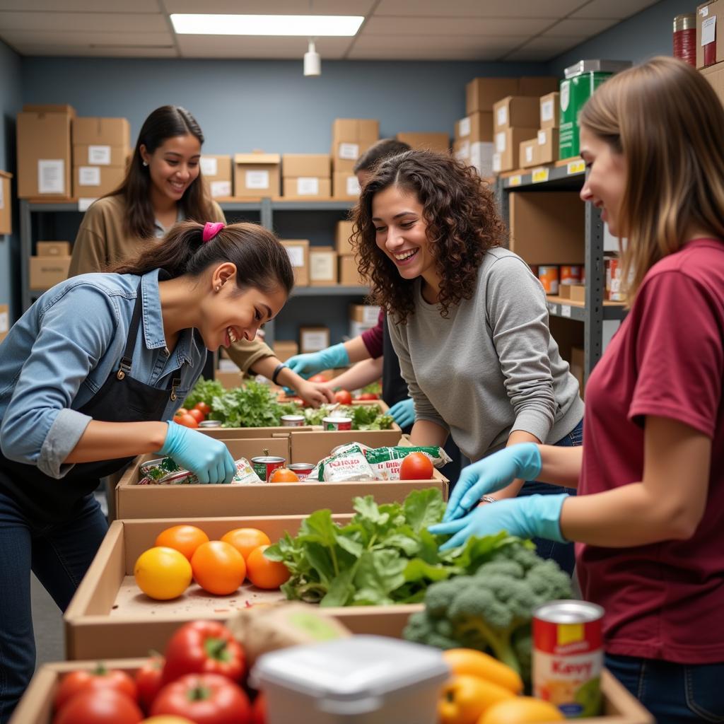 Volunteers sorting food donations at a Danbury food pantry