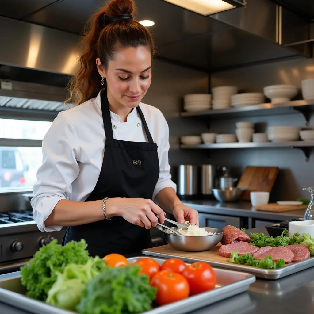 Chef Emily Carter preparing food inside the Dandelion Thyme food truck