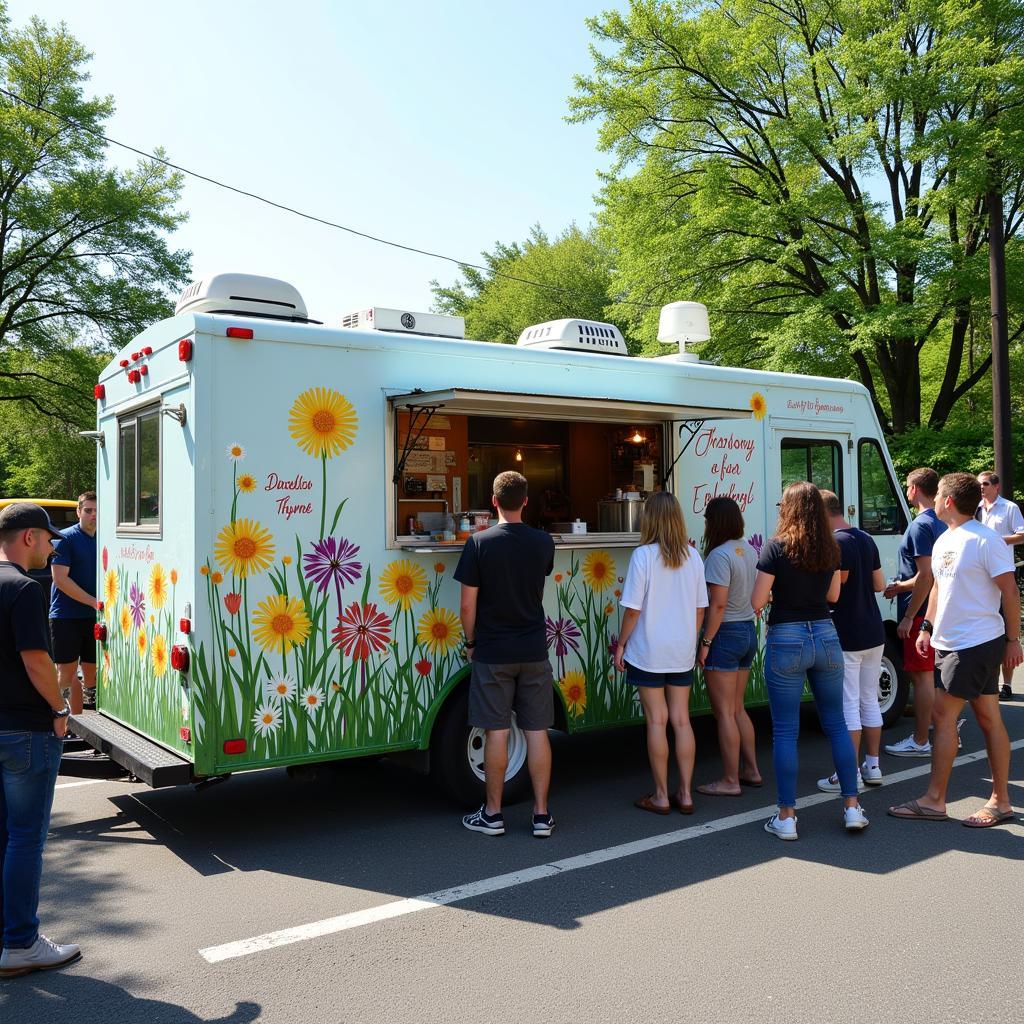 Dandelion Thyme food truck parked at a local farmers market, serving customers