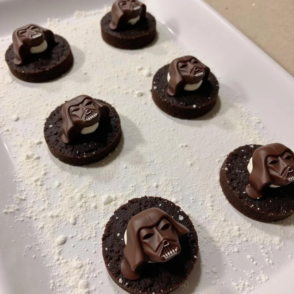 Individual molten chocolate cakes decorated as Darth Vader