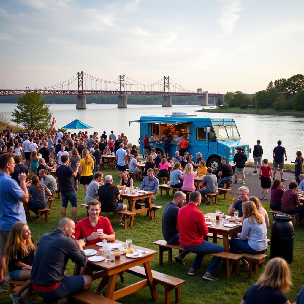 Families enjoying food truck fare at a lively festival by the Mississippi River in Davenport.