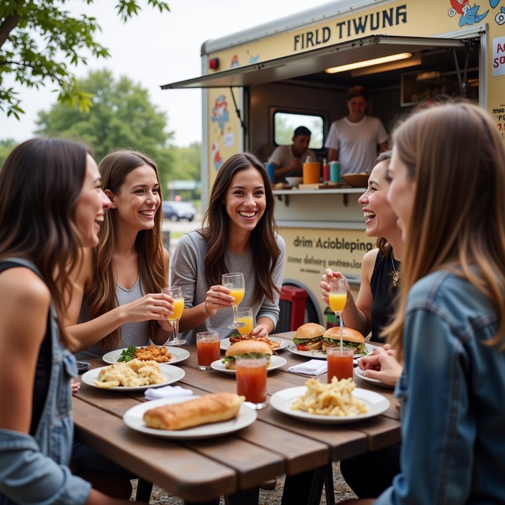 A group of friends enjoying a meal from a food truck in a designated food truck park in Davenport.