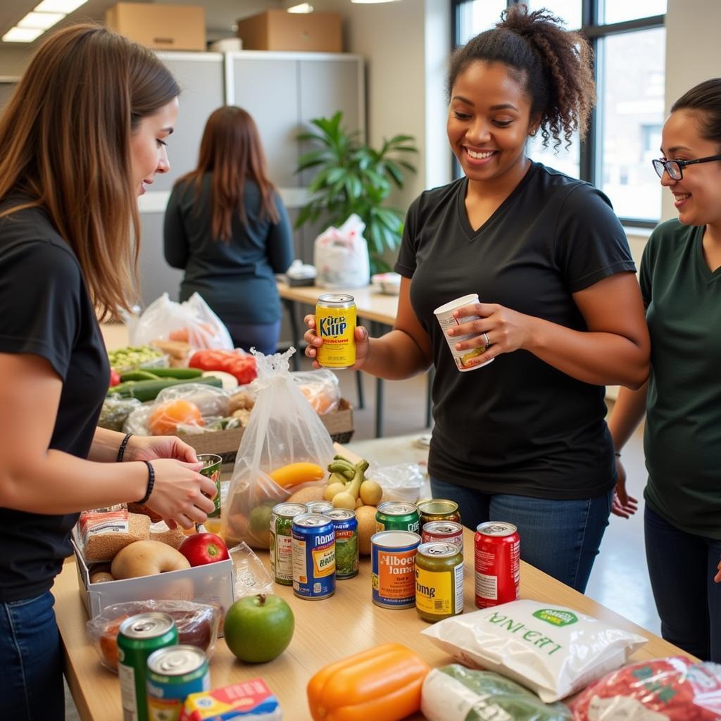 Volunteers distributing food at the David Powell Food Pantry