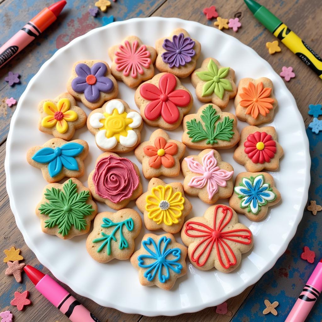 Plate of cookies decorated with intricate designs using food crayons