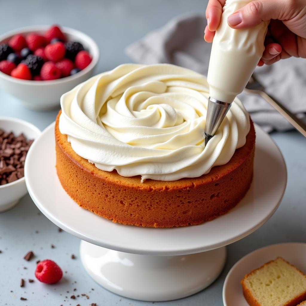 Decorating angel food cake with whipped cream