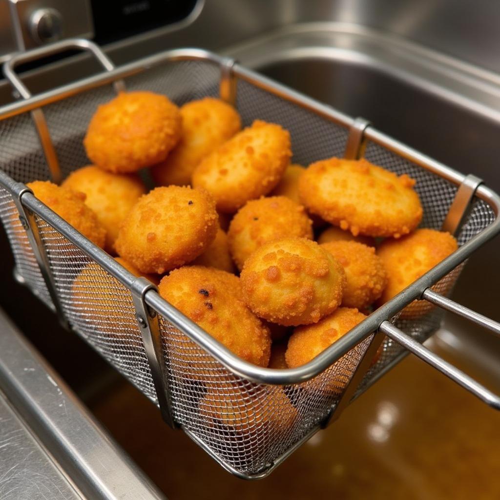 Basket of freshly deep-fried Gordon Food Service chicken nuggets