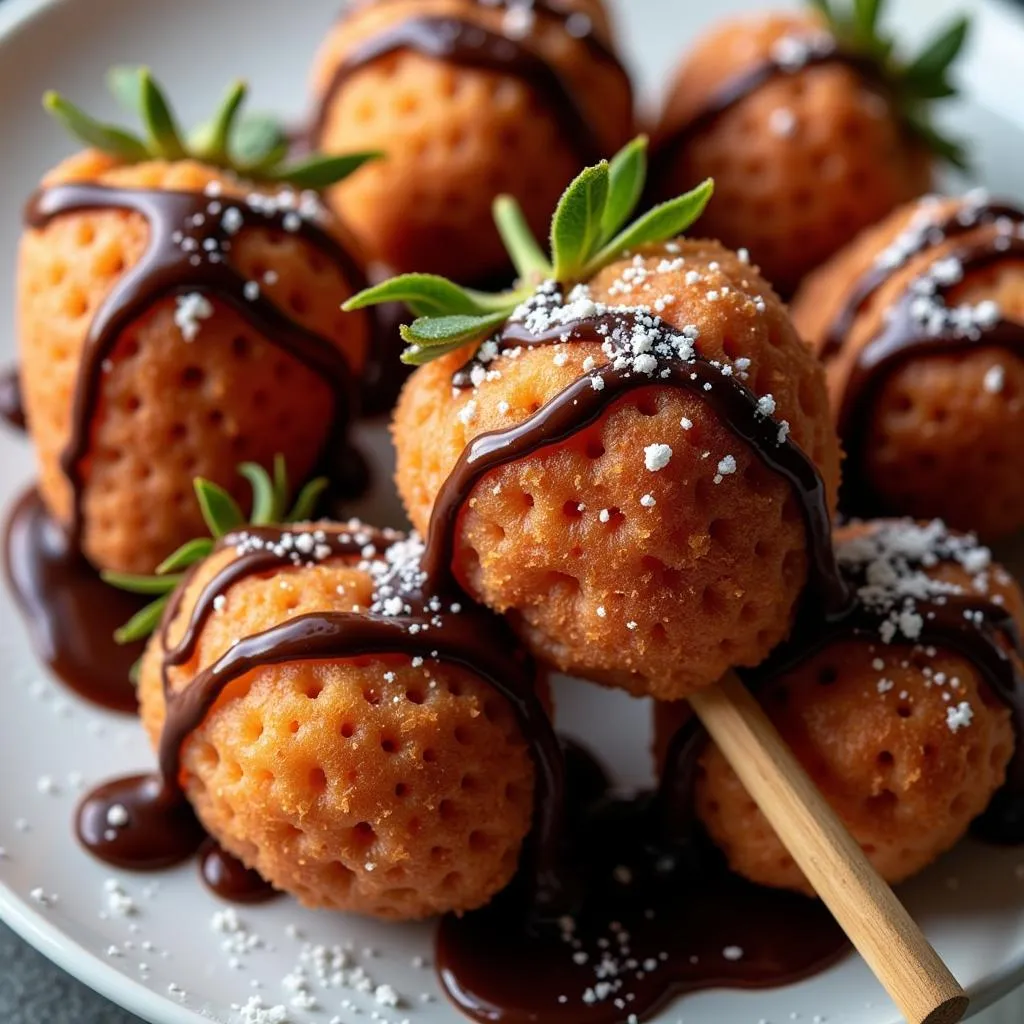 Deep-fried strawberries on a stick, drizzled with chocolate sauce