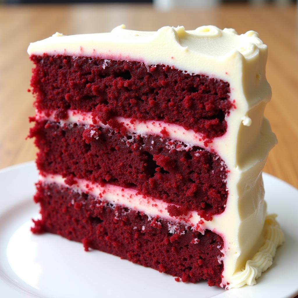 Deep maroon red velvet cake with cream cheese frosting