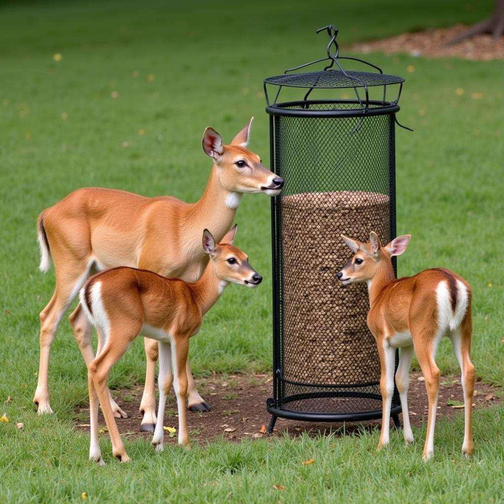 Deer eating from a supplemental feeder in a food plot