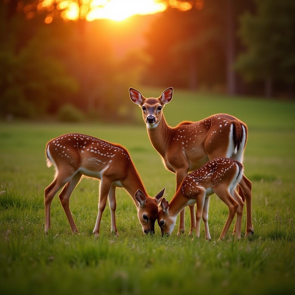 A deer family grazing in a meadow