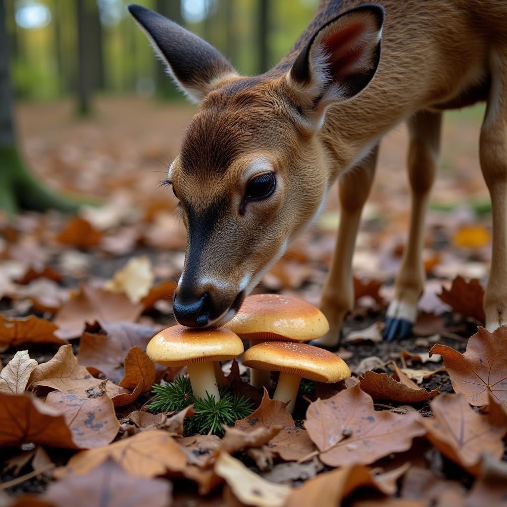 Deer Foraging Mushrooms on Forest Floor