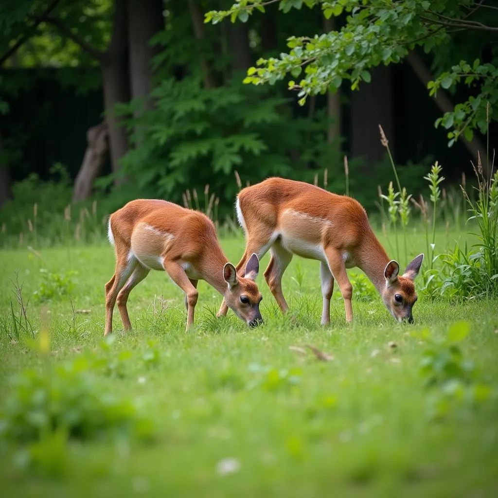 White-tailed deer grazing in a lush food plot