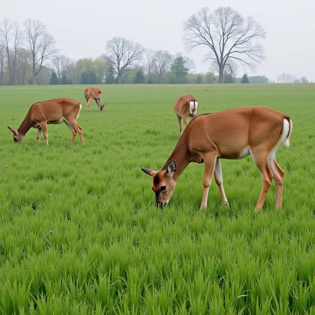 White-tailed deer grazing on lush winter wheat in a food plot