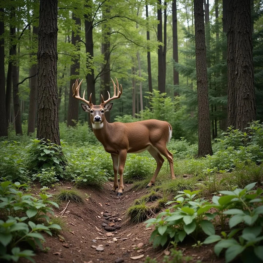 Deer in a Food Plot Within a Wooded Area