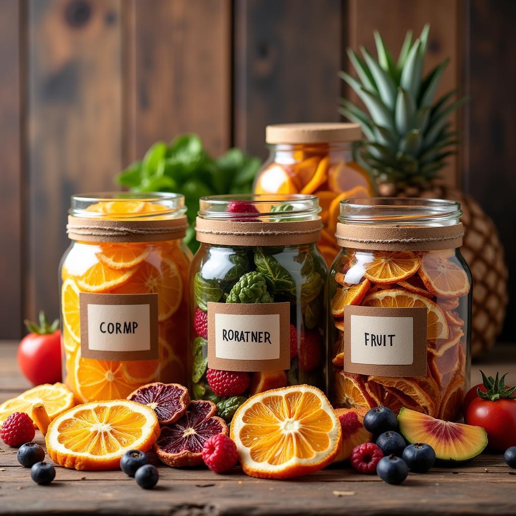 Dried Fruits and Vegetables Stored in Glass Jars for Long-Term Preservation