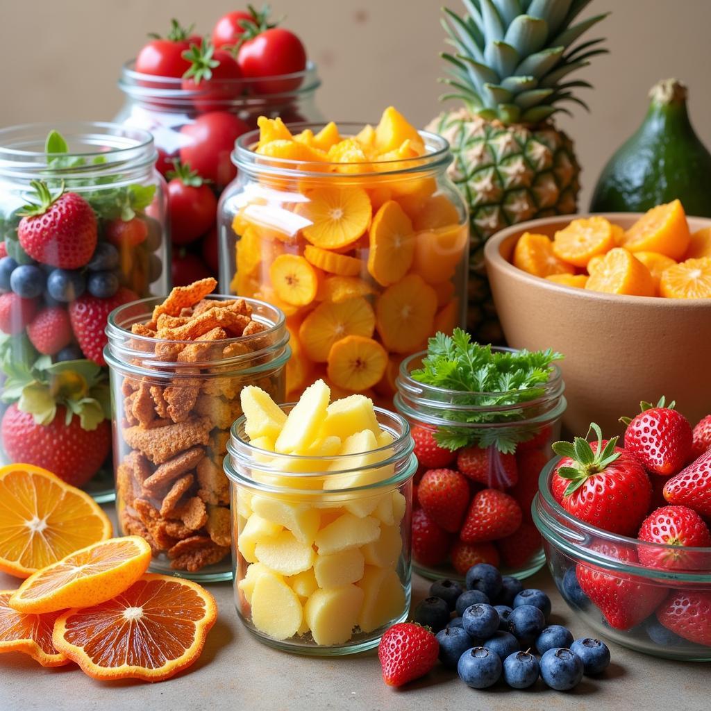 Assortment of Dehydrated Fruits and Vegetables Stored in Glass Jars