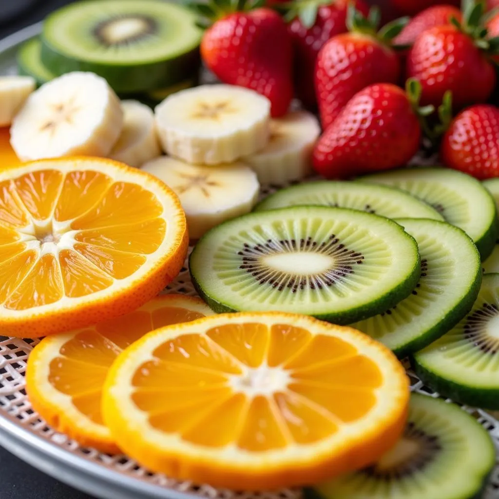 Various fruits and vegetables arranged on food dehydrator trays