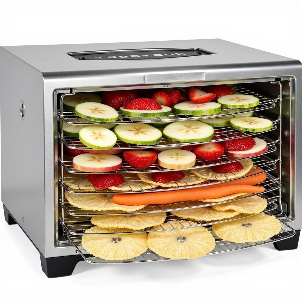 A dehydrator tray filled with various fruits and vegetables ready for dehydration.