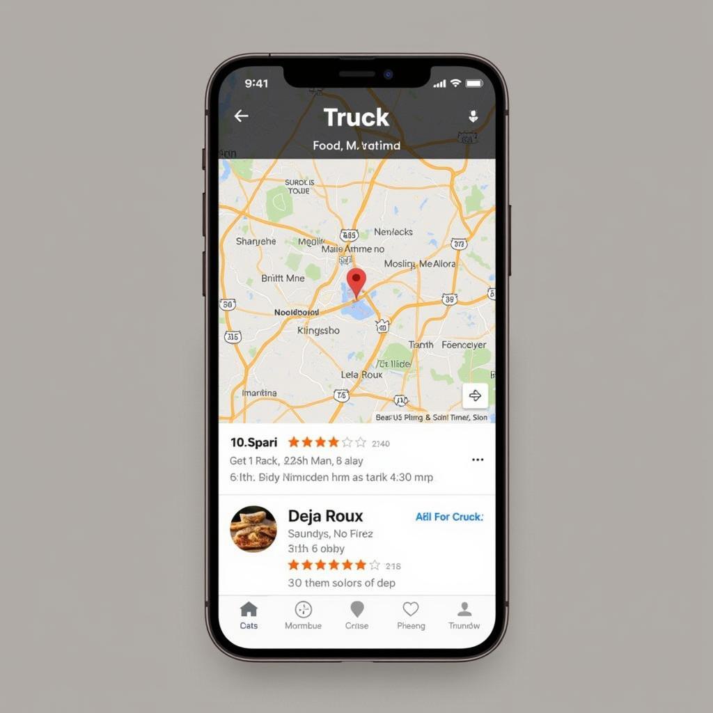 Smartphone Displaying a Food Truck App with Deja Roux's Location Pinpointed