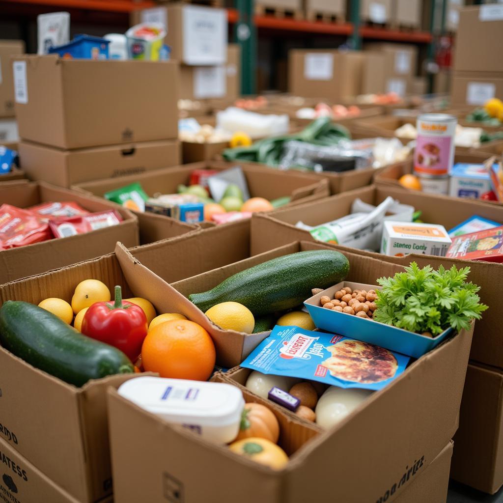 Boxes of donated food items at a Delaware food bank