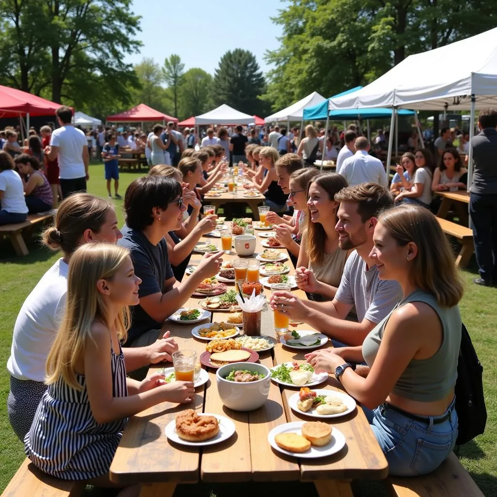 People sitting at picnic tables, enjoying food and drinks with friends